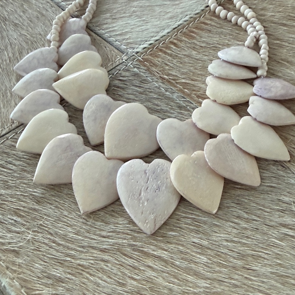 Vintage Hand-Carved Heart Cow Bone Beaded Double-Strung Necklace - Picture 2 of 7